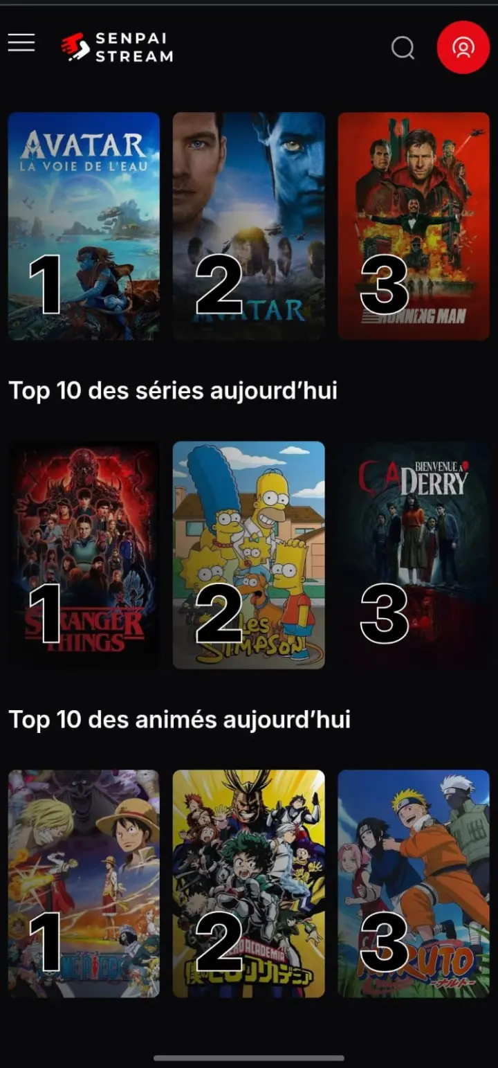 Screenshot of the Senpai Stream app interface on Android